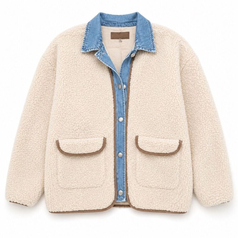 BLANKNYC Sherpa Jacket Denim Trim Teddy Coat Cozy Minimalist L
